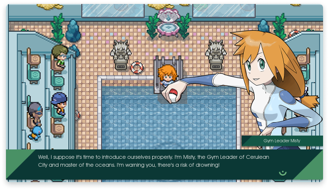 Screenshot of the player meeting Misty in her Pokémon Gym