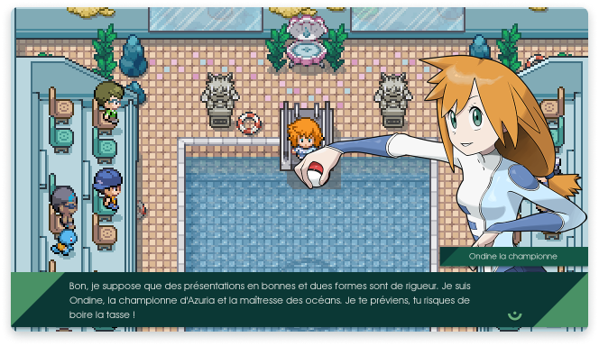 Capture d'écran du joueur rencontrant Ondine dans son arène Pokémon