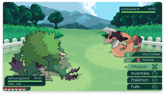 Capture d'écran d'un combat entre deux Pokémon inventés pour l'occasion